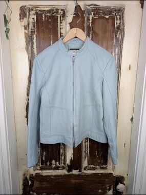 Danier Y2Y Baby Blue Leather Jacket Biker Moto Cropped Size Large